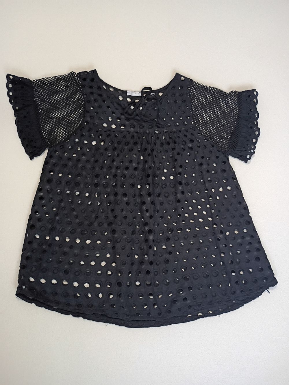 100% Cotton Made in Italy Black Eyelet Mesh Lace Flutter Sleeve Top Whimsigoth